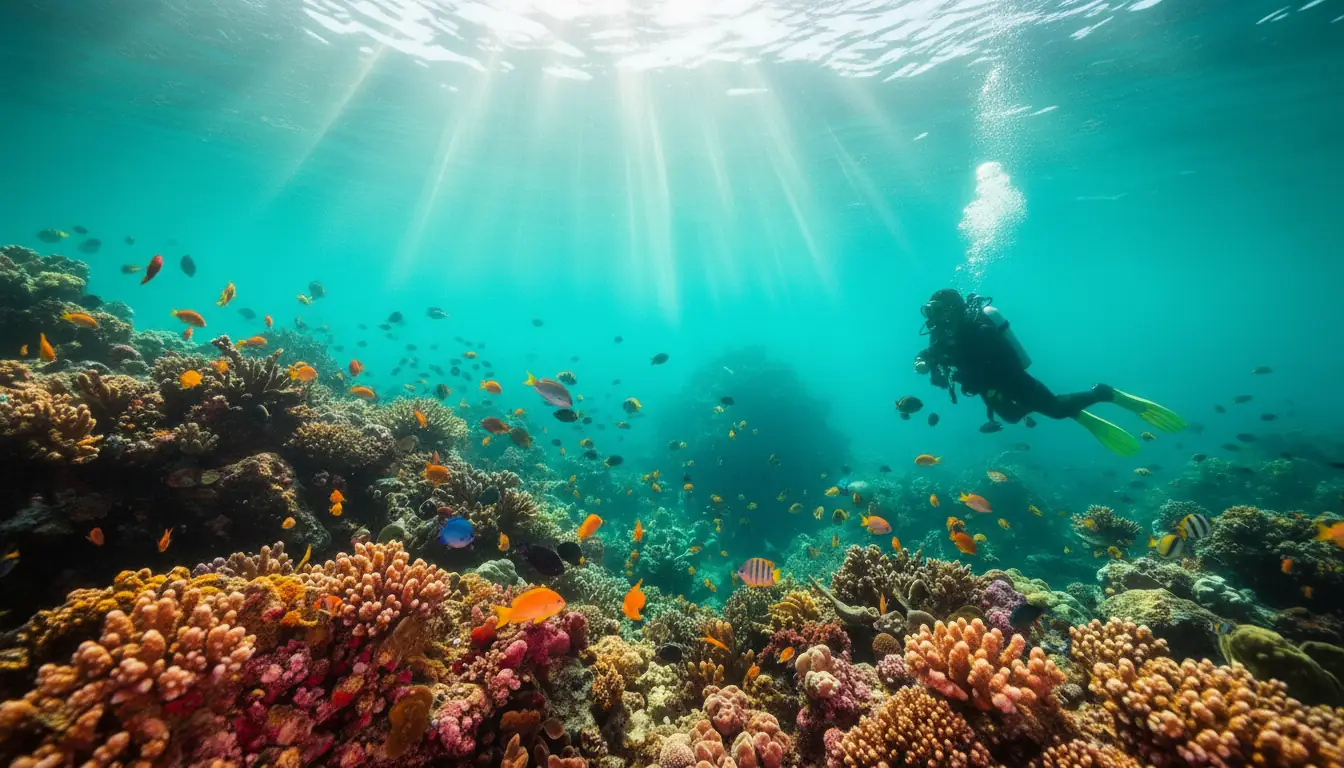Scuba diver exploring coral reef in Palawan